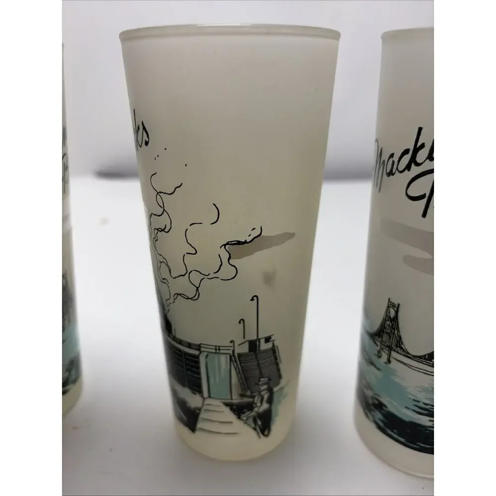 3 Vintage Michigan Souvenir Frosted Glasses Tumblers Mackinac Bridge UZ4